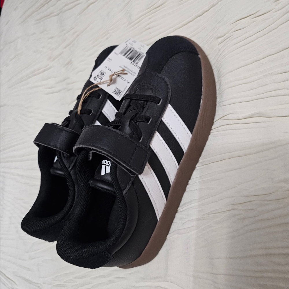 Adidas Kids Black and White Sneakers with Brown Sole